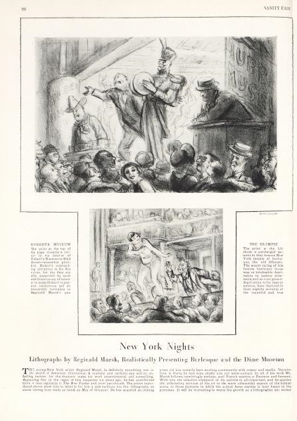 “New York Nights: Lithographs by Reginald Marsh, Realistically Presenting Burlesque and the Dime Museum” article from Vanity Fair