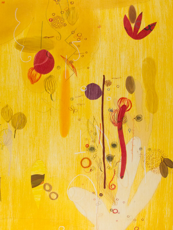 Emmi Whitehorse, Pollination, 2011, Color monotype with collage elements (rice paper and sheets with monotype printing) and extensive hand drawn additions (pencil, color pencil, chalk and oil stick); Museum purchase made possible by the 2019 Collectors Circle.